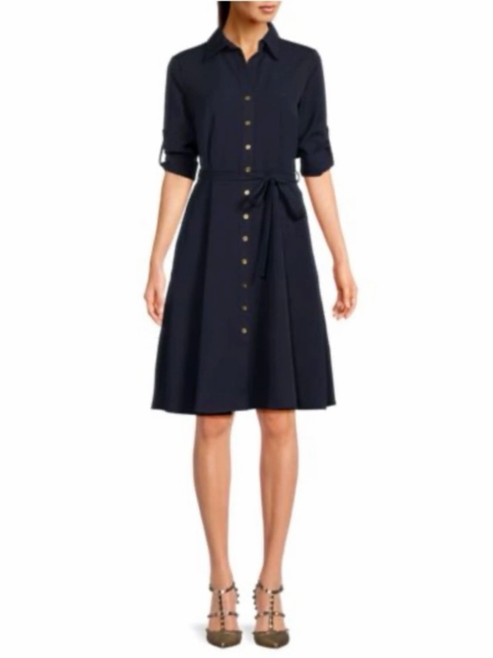 Sharagano Navy Button-Front Shirt Midi Dress with Tie Waist
